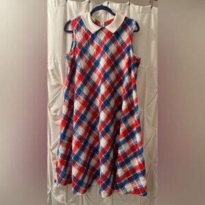 VINTAGE 1960s 1970s Dress with Collar, Red, White & Blue Plaid, Size ~ XL